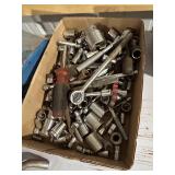 Box of Mixed Tools with Heavy Chain and Jack Handle