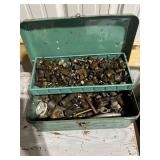 Green Metal Toolbox with Assorted Brass and Steel Plumbing Fittings