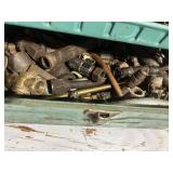 Green Metal Toolbox with Assorted Brass and Steel Plumbing Fittings
