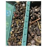 Green Metal Toolbox with Assorted Brass and Steel Plumbing Fittings