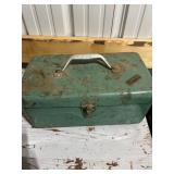 Green Metal Toolbox with Assorted Brass and Steel Plumbing Fittings