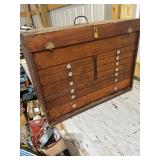Vintage Wooden Machinist Tool Chest with Assorted Tools and Knife