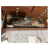 Vintage Wooden Machinist Tool Chest with Assorted Tools and Knife