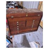 Vintage Wooden Machinist Tool Chest with Assorted Tools and Knife