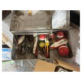 Vintage Fishing Gear Collection with Tackle Boxes, Lures, Bobbers, and Humminbird Unit
