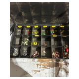 Vintage Fishing Gear Collection with Tackle Boxes, Lures, Bobbers, and Humminbird Unit