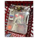 Vintage Fishing Gear Collection with Tackle Boxes, Lures, Bobbers, and Humminbird Unit
