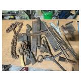Vintage Farm and Hand Tools Assortment with Chains and Hooks