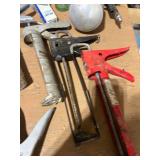 Collection of Caulk Guns, Tape Measure, Spray Gun, and Hardware Fasteners
