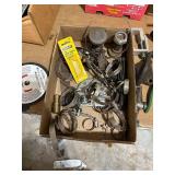 Box of Assorted Hose Clamps, Screws, and Utility Blades