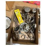 Box of Assorted Hose Clamps, Screws, and Utility Blades