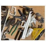 Assorted Hand Tools and Hardware Lot with Clamps, Oil Can, and Measuring Tools
