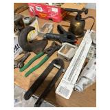 Assorted Hand Tools and Hardware Lot with Clamps, Oil Can, and Measuring Tools