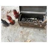 Group of 3 Hydraulic Bottle Jacks and Metal Toolbox with Sockets
