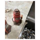 Group of 3 Hydraulic Bottle Jacks and Metal Toolbox with Sockets