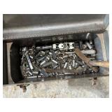 Group of 3 Hydraulic Bottle Jacks and Metal Toolbox with Sockets