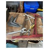 Assorted Hand Tools and Hardware Including Wrench, Saw, Brackets, and Shears