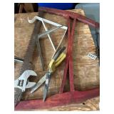 Assorted Hand Tools and Hardware Including Wrench, Saw, Brackets, and Shears