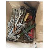 Box of Assorted Hand Tools Including Wrenches and Pipe Wrenches