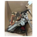 Box of Assorted Hand Tools Including Wrenches and Pipe Wrenches