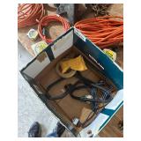 Garage Tool Collection with Jack Stands, Jumper Cables, Extension Cords, and Hand Tools