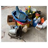 Garage Chemicals, Oils, Funnels, and Garage Tools Lot