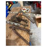 Assorted Vintage Hand Tools Including Levels, Wrenches, and Clamps