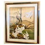 Herons on the River Bank Original Tempera by Chin Wah, Framed Artwork