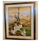 Herons on the River Bank Original Tempera by Chin Wah, Framed Artwork