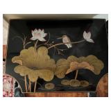 Asian-Inspired Black Lacquered Cabinet with Hand-Painted and Inlaid Mother of Pearl Design