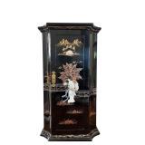 Asian-Inspired Black Lacquered Cabinet with Hand-Painted and Inlaid Mother of Pearl Design