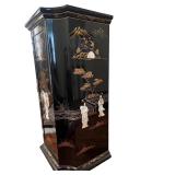 Asian-Inspired Black Lacquered Cabinet with Hand-Painted and Inlaid Mother of Pearl Design