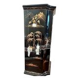 Asian-Inspired Black Lacquered Cabinet with Hand-Painted and Inlaid Mother of Pearl Design