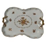 Collection of Vintage Gold Colored Decor Items including Porcelain Tray, Vases, Candle Holders, and Salt & Pepper Mills