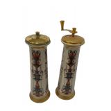 Collection of Vintage Gold Colored Decor Items including Porcelain Tray, Vases, Candle Holders, and Salt & Pepper Mills