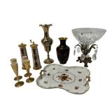 Collection of Vintage Gold Colored Decor Items including Porcelain Tray, Vases, Candle Holders, and Salt & Pepper Mills