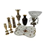 Collection of Vintage Gold Colored Decor Items including Porcelain Tray, Vases, Candle Holders, and Salt & Pepper Mills