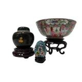 Chinese Decorative Bowl, Cloisonné Jar with Lid, and Enamel Egg on Stands