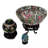 Chinese Decorative Bowl, Cloisonné Jar with Lid, and Enamel Egg on Stands