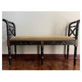 Hand-Painted Black and Gold Chinoiserie Bench with Upholstered Seat
