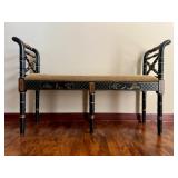 Hand-Painted Black and Gold Chinoiserie Bench with Upholstered Seat