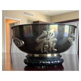 Vintage Decorative Brass Bowl with Raised Characters and Wood Stand, Made in Hong Kong