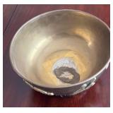 Vintage Decorative Brass Bowl with Raised Characters and Wood Stand, Made in Hong Kong