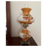 Vintage Electric Hurricane Lamp with Floral Glass Shade