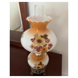 Vintage Electric Hurricane Lamp with Floral Glass Shade