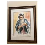 Framed Signed David Gilboa Watercolor Portrait of Elderly Man Reading