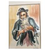 Framed Signed David Gilboa Watercolor Portrait of Elderly Man Reading