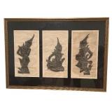 Framed Trio of Asian Mythological Figure Rubbings on Handmade Paper