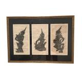 Framed Trio of Asian Mythological Figure Rubbings on Handmade Paper