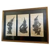 Framed Trio of Asian Mythological Figure Rubbings on Handmade Paper